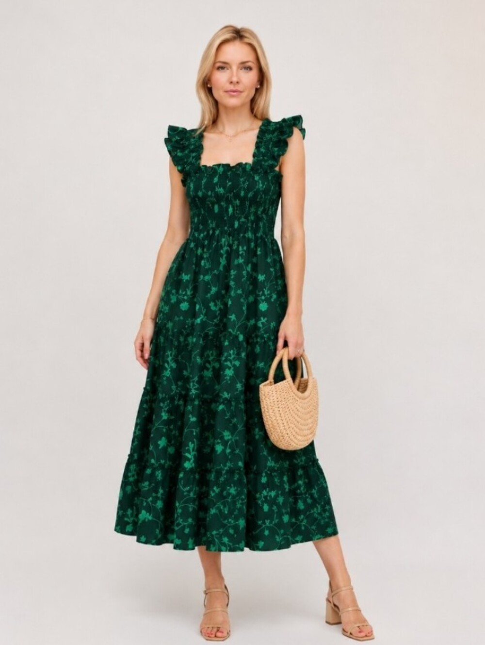 Hill House The Ellie Nap Dress Green Floral Smocked Ruffled Midi Size M